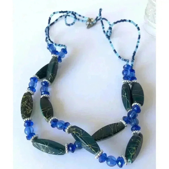 Blue Beaded Necklace Multi Strand Green Faceted 24" - Picture 7 of 8